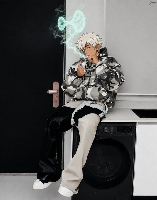 An anime-style illustration of a white-haired character smoking while sitting on a washing machine, wearing a camo jacket.