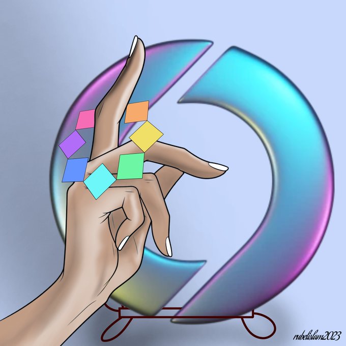 An illustration depicts a hand with long manicured nails making an 'OK' gesture with a colorful ring made of rainbow squares, set against a metallic circular symbol, signed 'ruhrblahni 2023'.
