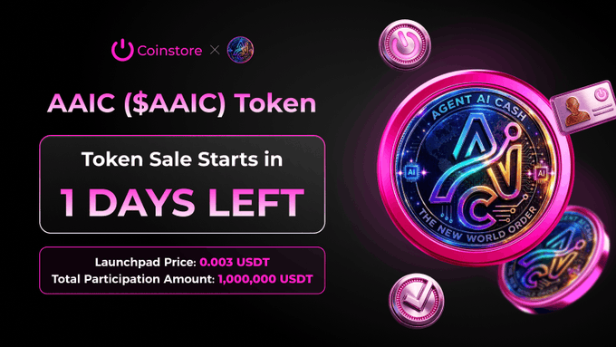 A Coinstore promotional graphic announcing an AAIC ($AAIC) Token sale with '1 DAYS LEFT', a total participation amount of 1,000,000 USDT, and a launchpad price of 0.003 USDT.