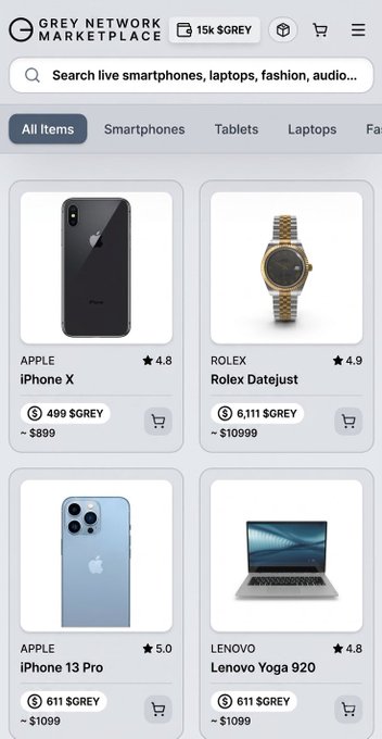 A mobile screenshot of the 'GREY NETWORK MARKETPLACE' showing items for sale including an Apple iPhone X, Rolex Datejust, Apple iPhone 13 Pro, and Lenovo Yoga 920, priced in $GREY.