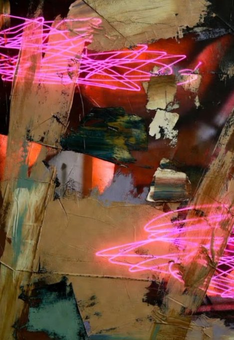 An abstract mixed-media artwork featuring textured brown and gold paint layers accented with glowing pink neon light scribbles.