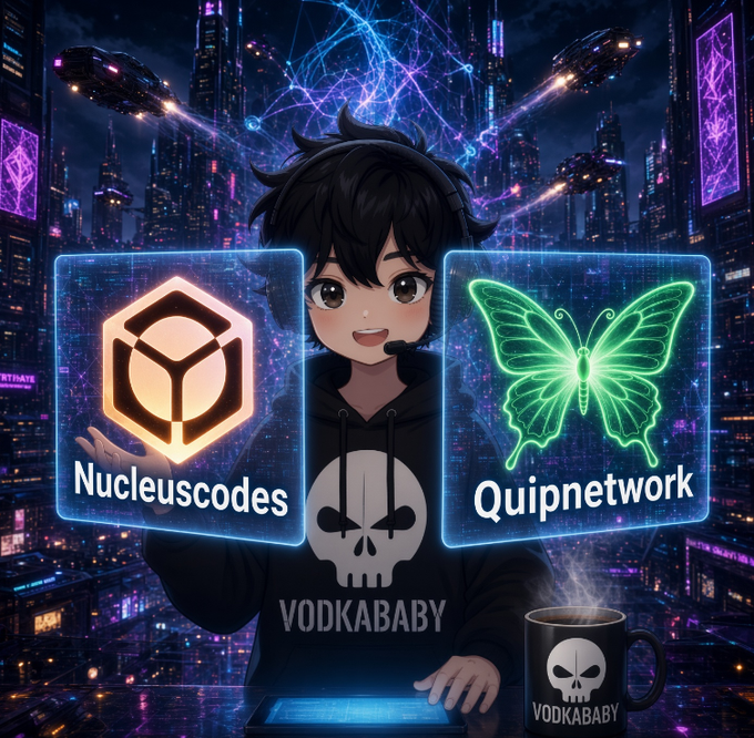 A digital illustration of an anime-style character wearing a 'VODKABABY' skull hoodie, flanked by glowing logos for 'Nucleuscodes' and 'Quipnetwork' against a cyberpunk city background.