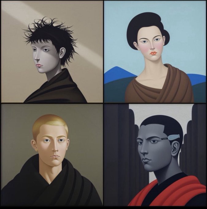 A four-panel stylized portrait artwork featuring different individuals with varied hair styles and clothing in muted tones.