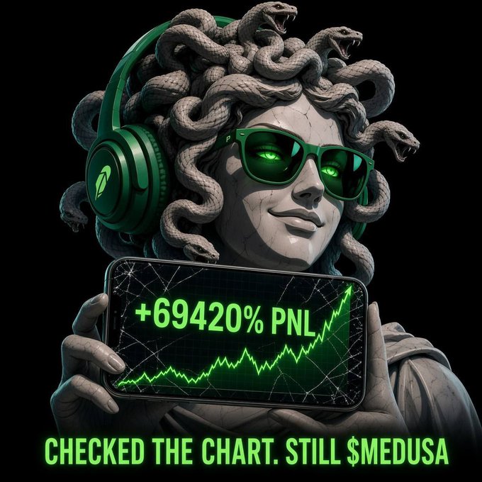 A digital artwork styled like a meme features a Medusa-like figure with snake hair wearing green headphones and sunglasses, holding a cracked phone screen displaying '+69420% PNL' with an upward green chart trend, accompanied by the caption 'CHECKED THE CHART. STILL $MEDUSA'.
