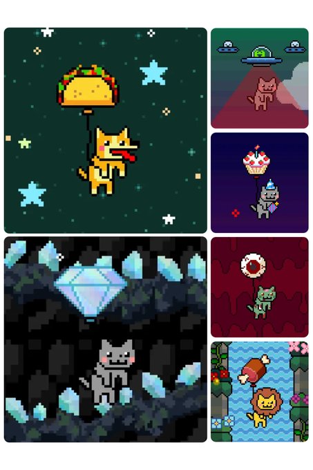 Pixel art collage featuring various cartoon cats in different scenarios, including cats wearing taco costumes, holding balloons, standing among diamonds, and holding food items.