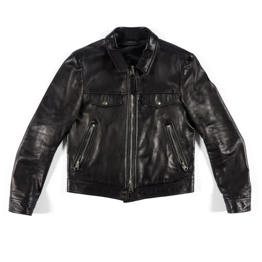 A black leather jacket displayed on a white background, featuring a front zipper, two chest pockets with button flaps, and two side zippered pockets.