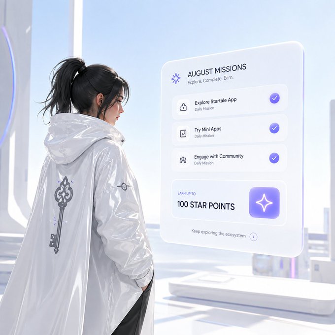 Illustration of a character in a white jacket with a key design looking at a 'AUGUST MISSIONS' panel offering daily missions to earn up to 100 STAR POINTS.