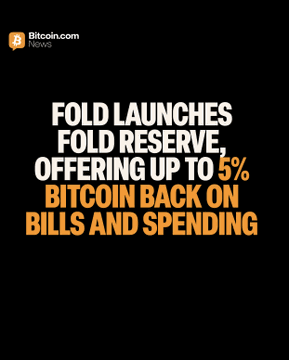 Black Bitcoin.com News graphic announcing Fold’s launch of Fold Reserve, offering up to 5% Bitcoin back on spending and 3% on bill pay. The image reinforces the accompanying post about rewards on credit-card purchases, rent, mortgages, and other major expenses.