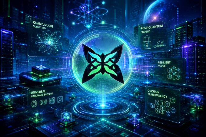 A futuristic, neon-themed digital graphic featuring a central butterfly logo surrounded by holographic interface panels labeled "Quantum Jobs Submitted," "Post-Quantum Signing," "Resilient Nodes," "Universal Hardware Support," and "Onchain Transparency."