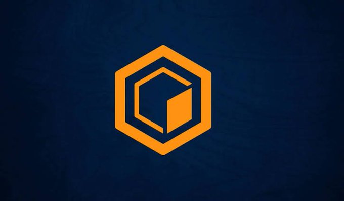 A minimalist graphic featuring an orange hexagonal logo with a 3D cube design centered on a dark blue textured background.