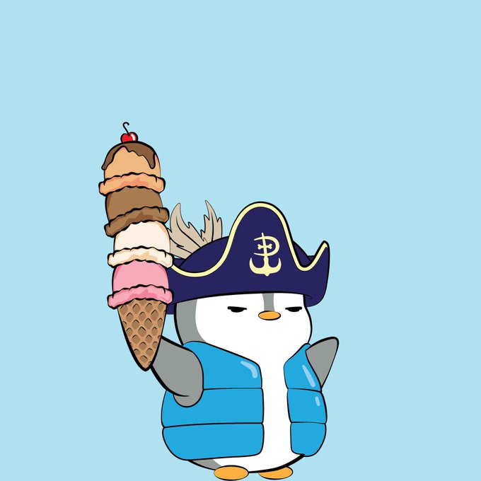 A cartoon penguin wearing a blue vest and a purple pirate hat with a gold symbol, holding a large multi-scoop ice cream cone topped with a cherry.
