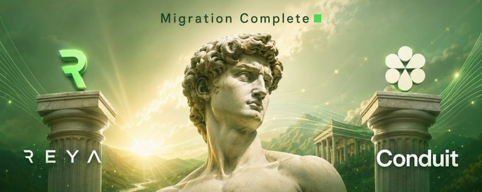 Announcement graphic showing 'Migration Complete' with logos for Reya and Conduit flanking a classical statue between pillars.