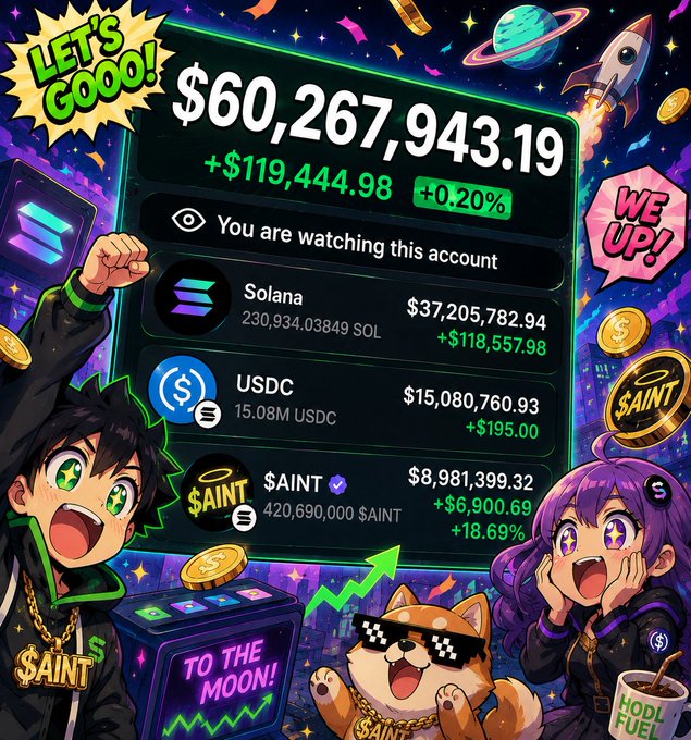 The image shows a vibrant anime-style crypto giveaway graphic featuring a portfolio dashboard displaying $60,267,943.19 across Solana (230,934 SOL = $37,205,782.94), USDC (15.08M = $15,080,760.93), and $AINT (420,690,000 = $8,981,399.32), surrounded by cheering characters, a rocket, and "To the Moon" banners. It aligns with the post's call to drop $SOL addresses for a giveaway, using the massive displayed balance as social proof to entice engagement from the "first 5000 active engagers."