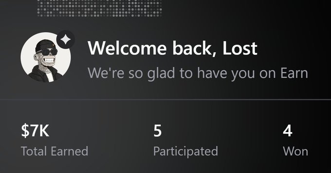 A dashboard welcome screen reading 'Welcome back, Lost' showing earnings stats of $7K Total Earned, 5 Participated, and 4 Won.