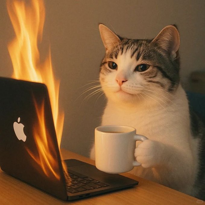 iced coffee with a white lid sits on a wooden table, accompanied by an open laptop displaying a flame-like image of a fire.