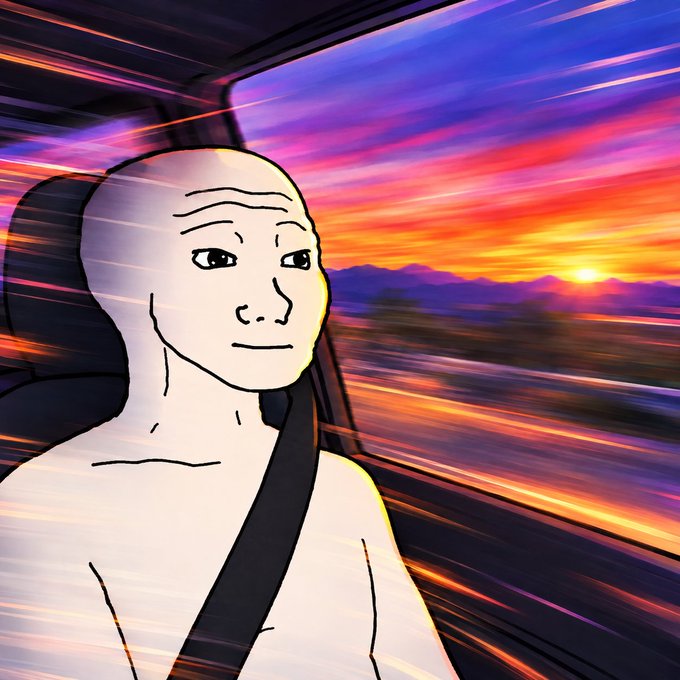 A digital illustration shows a bald, simplified character known as 'Wojak' driving a car with a seatbelt on, against a vibrant sunset background with motion blur effects.