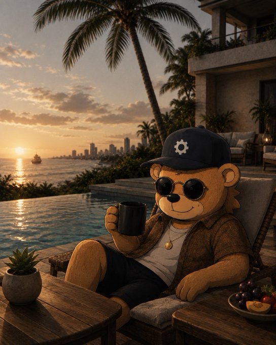 A digital illustration of a cartoon bear wearing sunglasses and a baseball cap, relaxing in a lounge chair by a pool at sunset, holding a coffee mug, with a city skyline in the background.