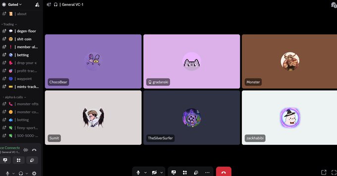A Discord voice channel titled "General VC-1" shows six participants (Chocobear, gradanski, Monster, Sumit, TheSilverSurfer, and zackhabib) in a group call, connected to the post about the "life of a degen" trading lifestyle and a 4x gain on $whitehouse within the @g_ated community.