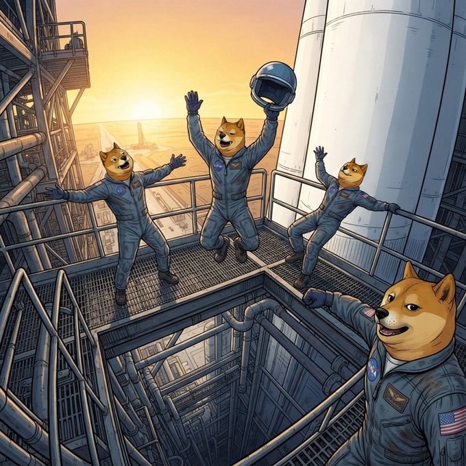 A cartoon illustration shows four anthropomorphic Shiba Inu dogs wearing NASA-style flight suits celebrating on a metal gantry at sunset, with one holding a helmet aloft, visually riffing on the SpaceX-style launch scene to hype the $DOGE-1 mission milestone.