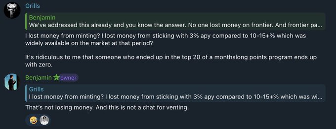 Discord screenshots showing "Grills" complaining about losing money due to Frontier's 3% APY versus 10–15% market rates, while project owner "Benjamin" (marked as owner) dismisses the complaint, saying "That's not losing money. And this is not a chat for venting."