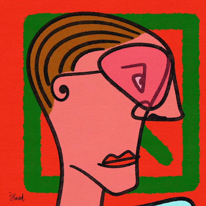 A cubist-style painting featuring a pink-faced figure with brown hair and abstract features, framed by green and red rectangular borders, signed "Blick" in the corner.