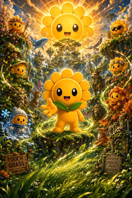 A whimsical fantasy artwork featuring cute sunflower-like characters in a magical garden setting, with signs reading 'TOUCH GRASS EVERY DAY' and 'GO OUTSIDE BREATHE GROW BE HAPPY.'