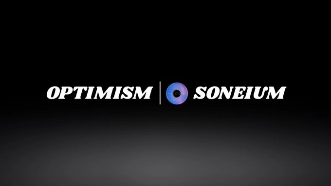 A black graphic displays the white text logos 'OPTIMISM' and 'SONEIUM' separated by a vertical line with a purple gradient circle icon between them.