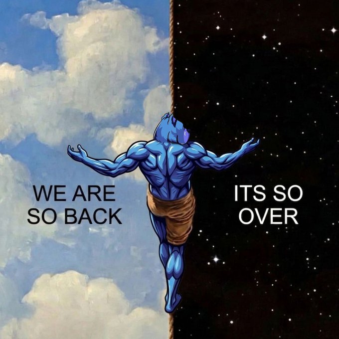 A blue cartoon character with arms raised stands on a rope, holding a banner that reads "We are so back" against a black background of stars and clouds.