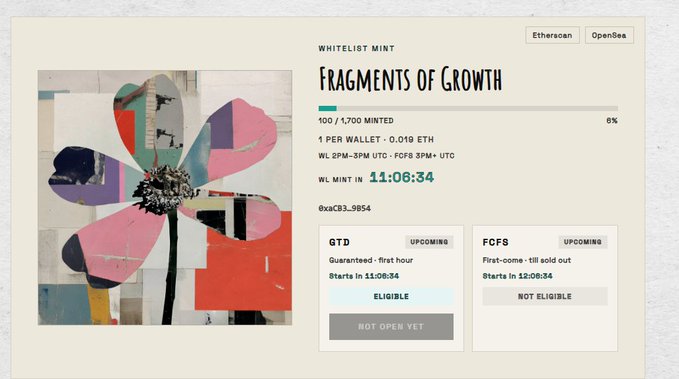 NFT mint page for 'FRAGMENTS OF GROWTH' whitelist mint, showing 100/1,700 minted (6%), priced at 0.019 ETH, with WL MINT IN 11:06:34 countdown and GTD/FCFS eligibility status tabs (Ethereum/OpenSea).