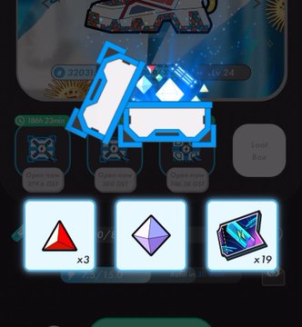 A screenshot from a mobile game interface showing a blue crystalline item popping out of a loot box above three smaller item icons labeled 'x3', a diamond, and 'x19'.