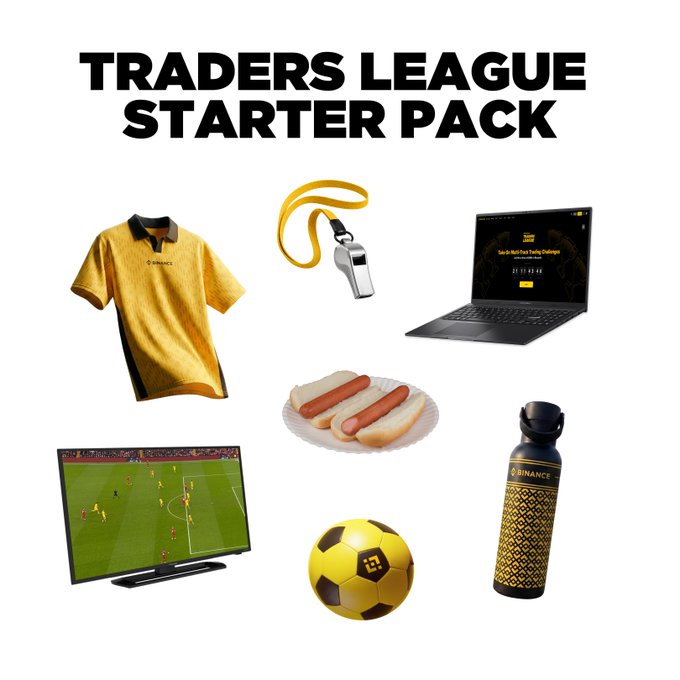 A "Traders League Starter Pack" image featuring Binance-branded gear (yellow polo, whistle, water bottle, and soccer ball) alongside trading essentials like a laptop showing "Join the World Finals Trading Challenge at" with a countdown timer, a TV streaming a football match, and hot dogs—satirizing crypto traders as competitive athletes prepared for the Binance World Finals.