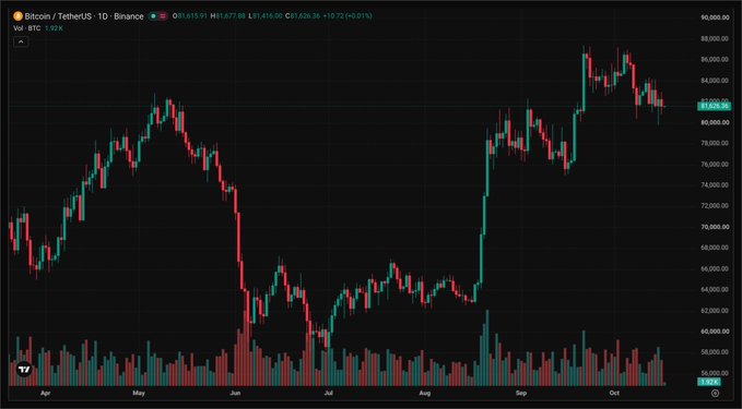 A Bitcoin/TetherUS daily candlestick chart on Binance shows BTC hovering around $81,620 (-0.01%) at the bottom of a recent downtrend from highs near $88,000, with the price action contextualizing the post's observation that Bitcoin has declined only modestly (1.7% on the week) to $81.5k despite broader bearish sentiment and a weak Nasdaq.