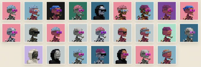 A grid of pixel art portraits featuring various characters with glasses in different color palettes.