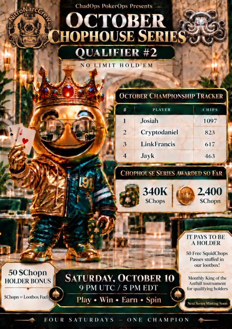 Promotional poster for ChadOps PokerOps' October Chophouse Series Qualifier #2 (No Limit Hold'em) on Saturday, October 10 at 9 PM UTC/5 PM EDT, featuring a gold mascot, an October Championship Tracker leaderboard (Josiah leading with 1097 chips), and details about the 50 $Chopn Holder Bonus.