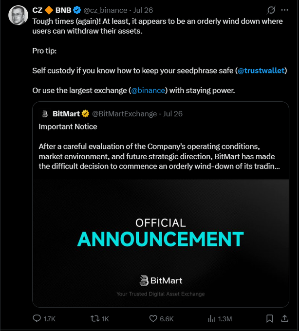 A tweet from CZ @cz_binance discussing BitMart's orderly wind-down, with the pro tip 'Self custody if you know how to keep your seedphrase safe (@trustwallet)' and citing BitMart's official announcement image.