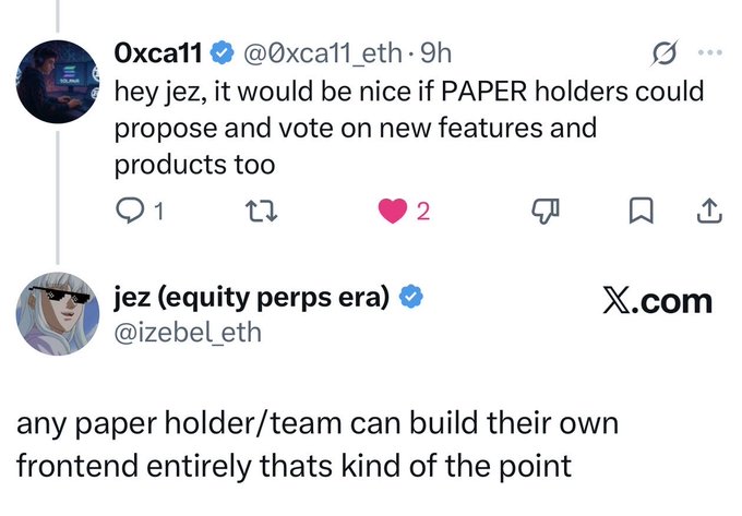 A Twitter exchange where user @0xca11_eth asks user @izebel_eth if PAPER holders could propose and vote on new features, and Jez replies that any paper holder/team can build their own frontend, which is the point.