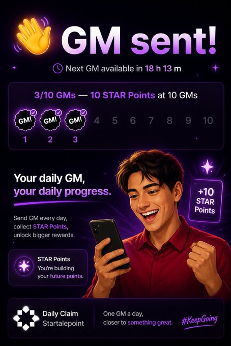 A purple-themed mobile app interface titled 'GM sent!' showing a daily check-in reward system with '3/10 GMs — 10 STAR Points at 10 GMs', featuring an illustration of a smiling young man holding a phone, with sections for 'Your daily GM, your daily progress' and 'Daily Claim Startalepoint'.