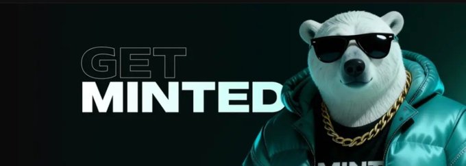 A dark banner featuring a polar bear wearing sunglasses, a gold chain, and a teal puffer jacket, next to the text 'GET MINTED'.