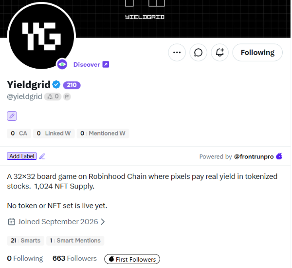 A Twitter/X profile page for "Yieldgrid" (@yieldgrid) showing 663 followers, displaying a bio describing a 32×32 board game on Robinhood Chain with 1,024 NFT supply where pixels pay real yield in tokenized stocks. The profile supports the post's claim about Yieldgrid being an early project combining gaming mechanics with tokenized stock yield on a limited 32×32 board with 1,024 pixel supply.
