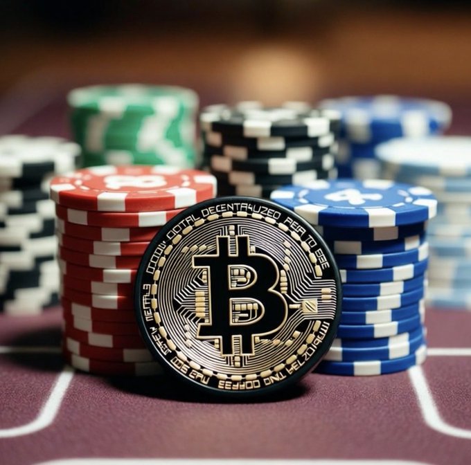 A physical Bitcoin token rests on a casino table in front of stacks of red, blue, green, black, and white poker chips, visually reinforcing the post's analogy that treating Bitcoin like a long-term "hold" is really just gambling at someone else's table — where true holders don't need a board, lawyer, or press release to take the loss.