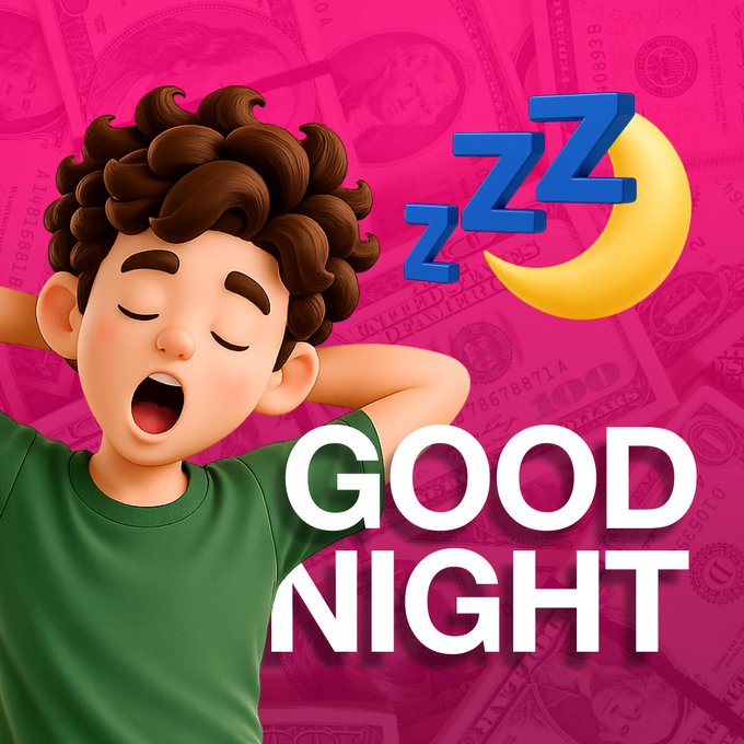 A cartoon boy with curly brown hair yawns widely with his hands behind his head, set against a pink background featuring faded dollar bills, with "zzz" and a crescent moon above and bold white "GOOD NIGHT" text beside him. The image visually reinforces the post's bedtime message while the money-patterned background subtly ties into the "weekend wins" reference, suggesting restful sleep as a reward after financial or personal successes.