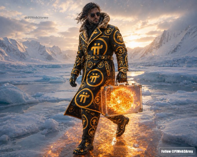A digital artwork by @PiWeb3Army showing a man in a black and gold coat with Pi cryptocurrency symbols, walking on ice while holding a glowing briefcase containing a fiery Pi logo.