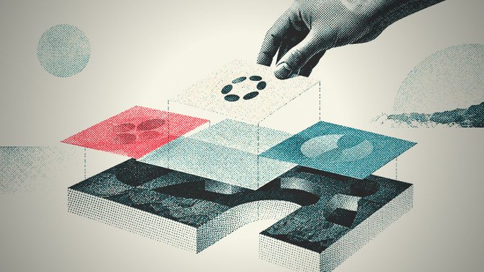 An artistic illustration depicts a hand interacting with floating, layered translucent squares in red, blue, and black-and-white dot patterns, with dotted circle shapes in the background.