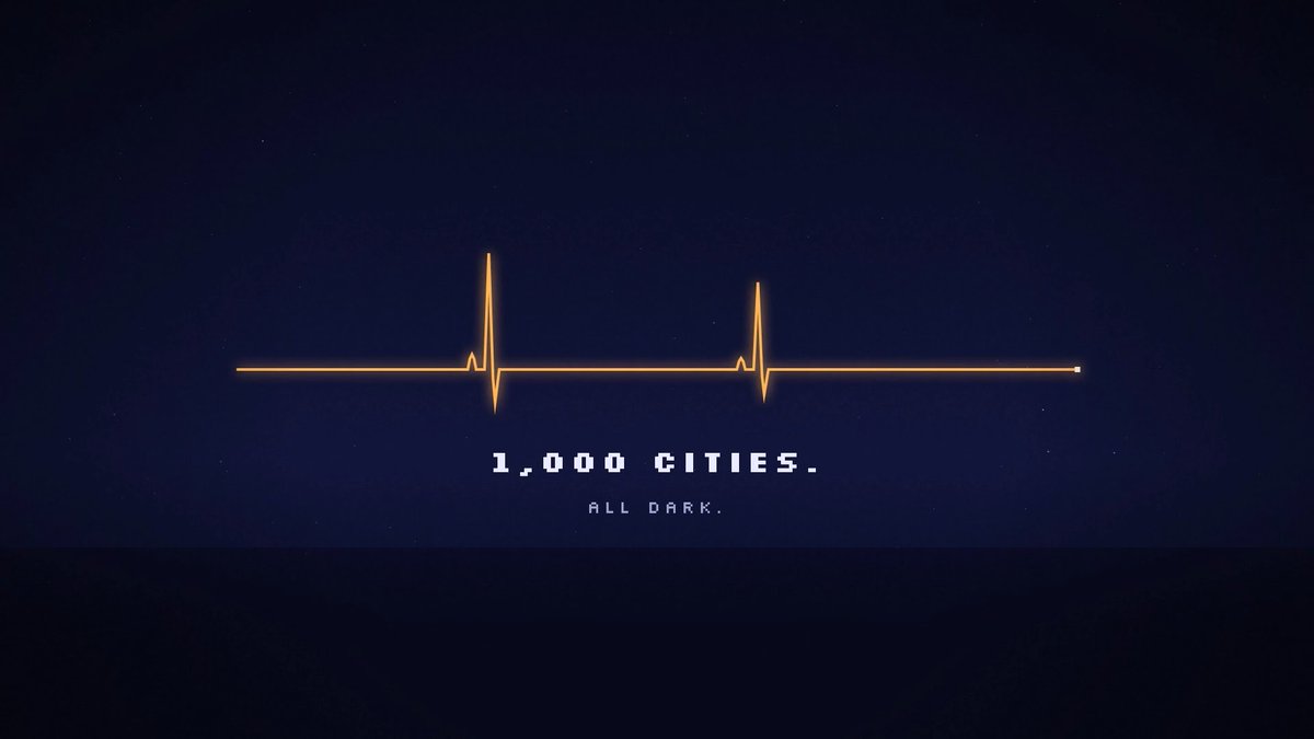 A dark gradient background displays a glowing orange heartbeat/EKG-style line with two flatline pulses above the text "1,000 CITIES. ALL DARK." The imagery visually reinforces the caption "Light me up" by contrasting the ominous message of cities in darkness with the faint pulse of activity, suggesting a need to restore light or life.