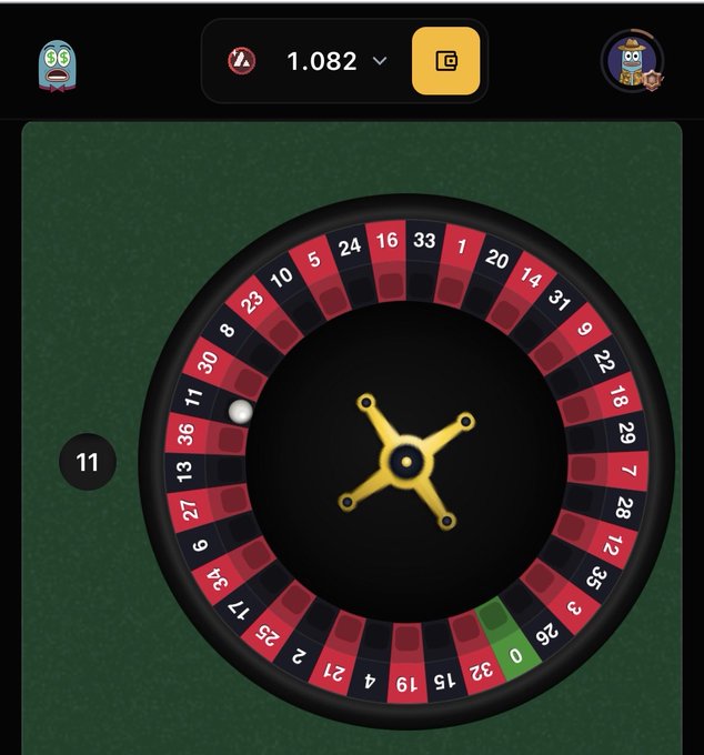 A digital roulette game interface showing a wheel with numbers 0-36, a white ball on number 11, a bet amount of 1.082, and player avatars in the corners.