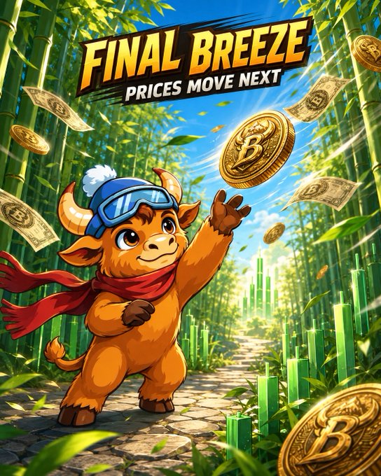 A cartoon-style promotional graphic featuring a bull mascot in ski goggles and a red scarf in a bamboo forest, with Bitcoin coins and dollar bills flying around, titled 'FINAL BREEZE - PRICES MOVE NEXT'.