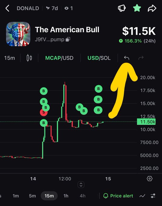 A cryptocurrency trading chart titled 'DONALD' shows the token 'The American Bull' (J9FV...) up 156.3% to $11.5K, with a hand-drawn yellow arrow pointing to a recent price spike.