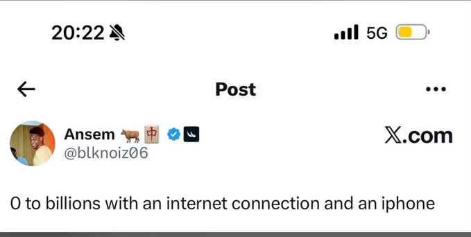 The image is a screenshot of an X (Twitter) post by user @blknoiz06 (display name "Ansøm" with a goat emoji) that reads, "0 to billions with an internet connection and an iphone." The accompanying post reinforces the "magic internet money" sentiment, aligning with crypto optimism about the potential to go from nothing to immense wealth with just digital tools—visually captured by Ansem's viral tweet.