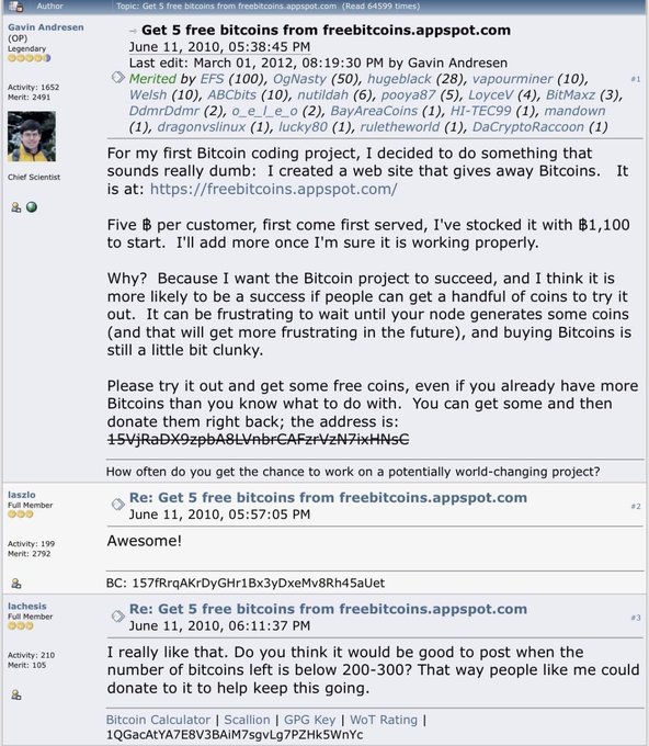 The image shows a screenshot of an email conversation where five people are discussing something about Bitcoins. In one part of the email, there's information regarding Bitcoins that were given away for free five years ago. The rest of the email has been edited with some changes or alterations made by someone else in the process.