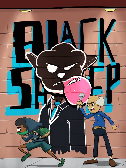 An illustration shows a brick wall covered in graffiti reading 'BLACK SHEEP', with a large angry sheep head painted on it. In the foreground, a boy with a backpack runs while an older man in a blue shirt swings a hammer at pink bubblegum.